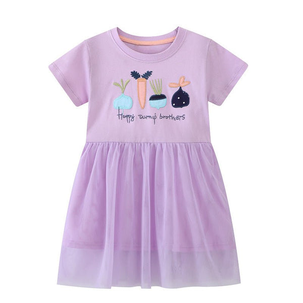 Toddler/Kid Girl Cartoon Carrots Embroidery Purple Dress