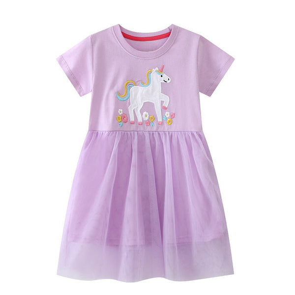 Toddler/Kid Girl's Flowers and Unicorn Embroidery Design Purple Dress