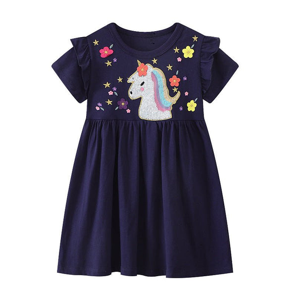 Toddler/Kid Girl's Floral and Unicorn Embroidery Design Dress