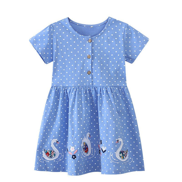 Toddler/Kid Girl Floral Swans Embroidery Polka Dot Dress