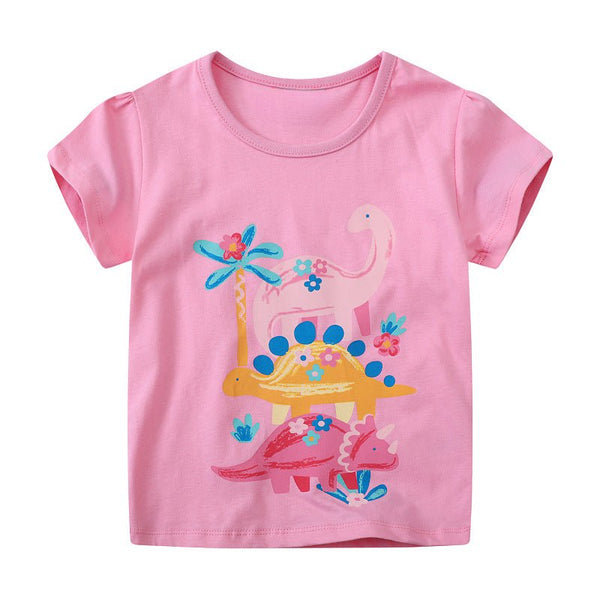 Toddler/Kid Girl's Short Sleeve Pink Dinosaurs Print Design T-shirt