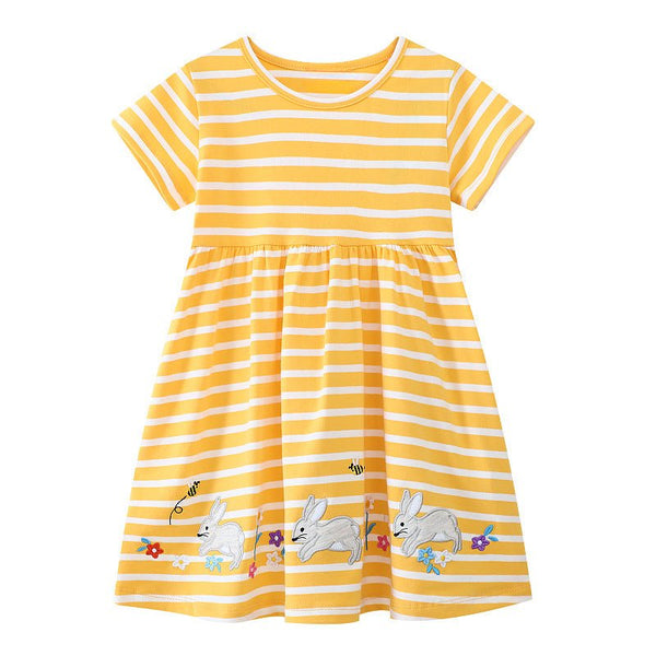 Toddler/Kid Girl's Rabbit Embroidery Design Striped Yellow Dress