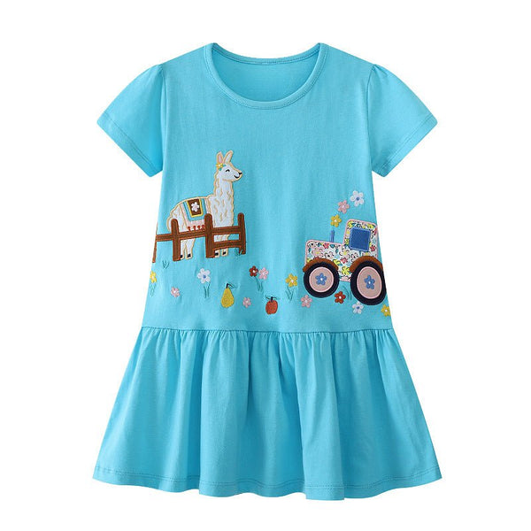 Toddler/Kid Girl's Vehicle Embroidery Design Blue Dress