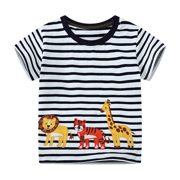 Toddler/Kid's Short Sleeve Animal Friends Embroidery Design Black Striped T-Shirt