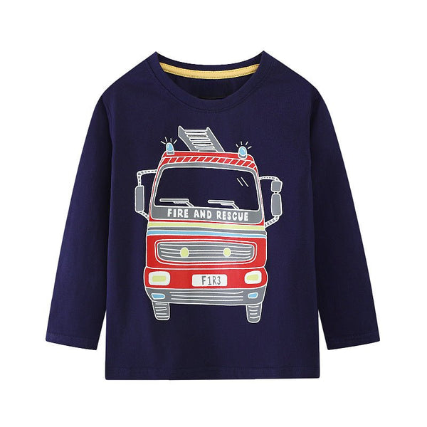 Toddler/Kid Boy's Long Sleeve Fire Engine Print Design T-Shirt