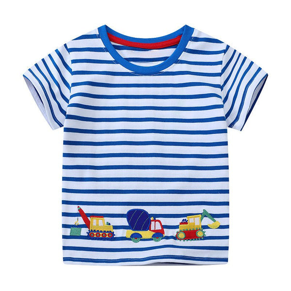 Toddler/Kid Boy's Short Sleeve Vehicle Embroidery Design Striped T-shirt