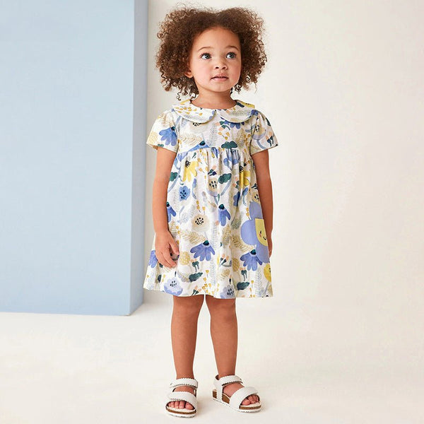 Toddler/Kid Girl's Short Sleeve Floral Dress with Smiling Flower Pocket