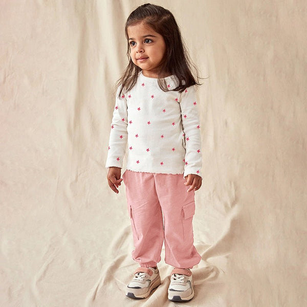 Toddler/Kid Girl's Long Sleeve Little Pink Flowers Print Design Tee with Pants Set