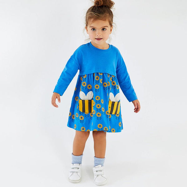 Toddler/Kid Girl's Long Sleeve Sunflowers and Cutie Bee Print Design Dress