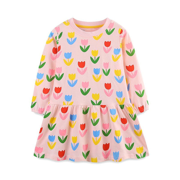 Toddler/Kid Girl's Long Sleeve Colorful Flowers Print Design Dress