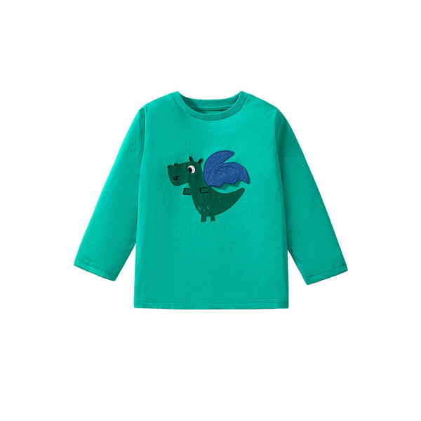 Toddler/Kid Boy's Long Sleeve Cartoon Cutie Green Dragon Embroidery Design T-shirt