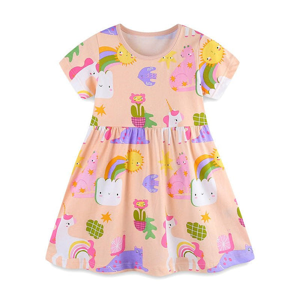 Toddler/Kid Girl's Summer Unicorn Cartoon Design Pink Dress