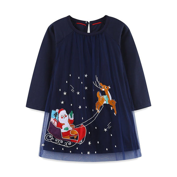 Toddler/Kid Girl's Long Sleeve Santa Sleigh's Ride Embroidery Design Dress