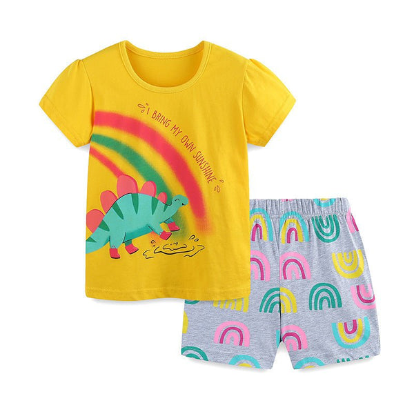 Toddler/Kid Girl's Short Sleeve Dino and Rainbow Print Design Tee with Shorts Set