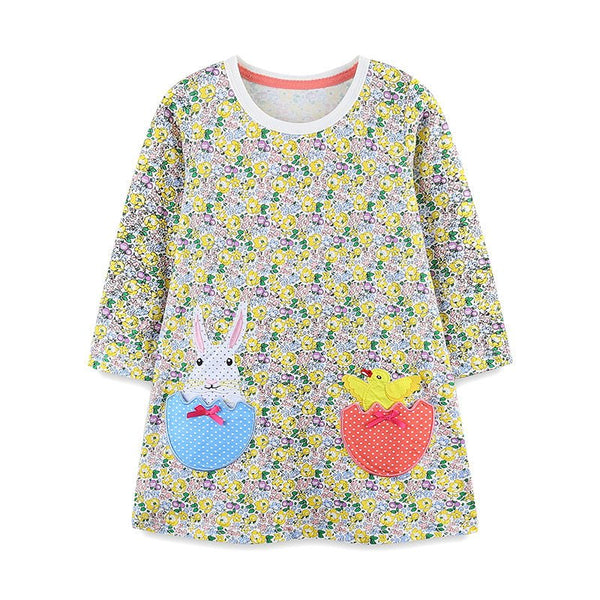 Toddler/Kid Girl's Long Sleeve Bunny with Chick Embroidery Design Dress