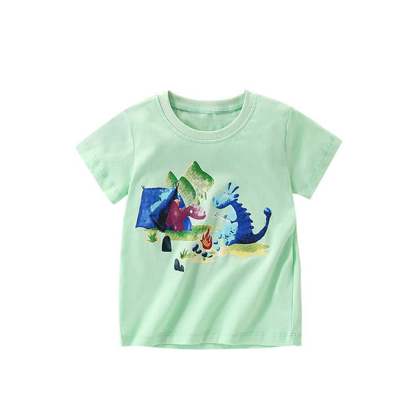 Kid Camping Dinosaurs Green T-shirt