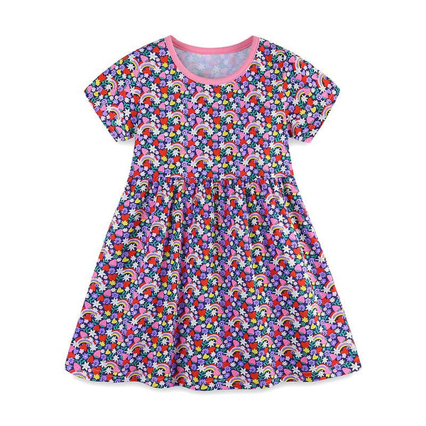 Toddler/Kid Girl's Short Sleeve Rainbow with Colorful Flowers Dress