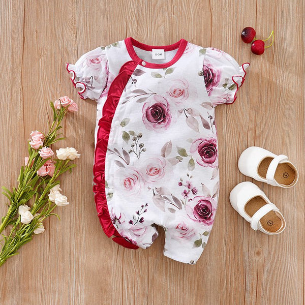 Baby Girl's Short Sleeve Ruffled Design Floral Onesie (4 Colors)