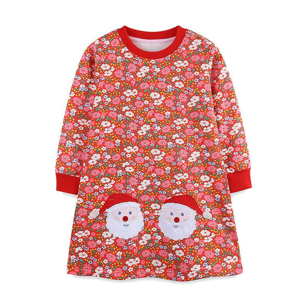 Toddler/Kid Girl's Long Sleeve Santa Embroidery Design Dress