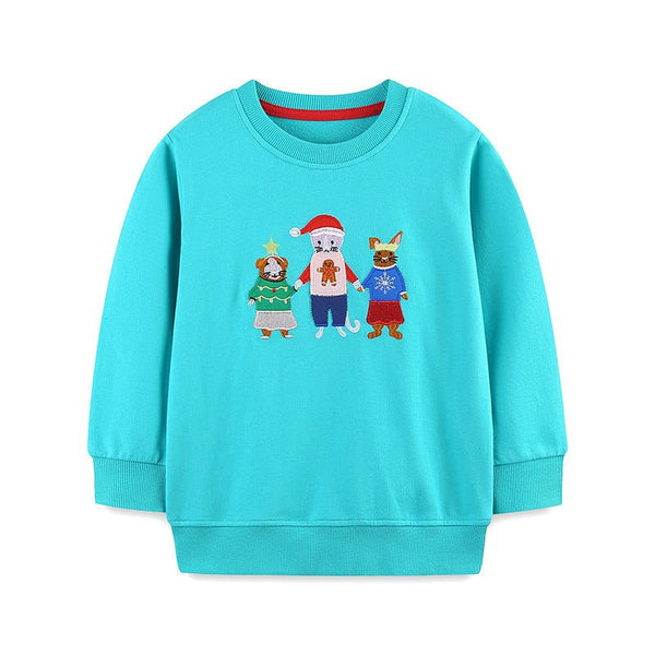 Toddler/Kid Christmas Animal Embroidery Blue Sweatshirt