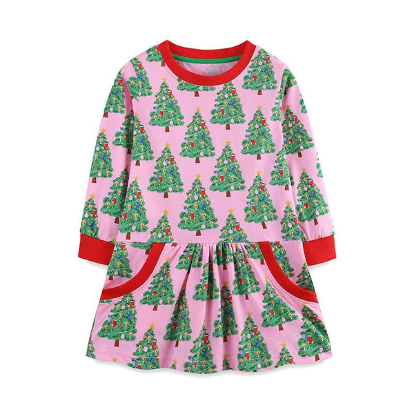 Toddler/Kid Girl's Long Sleeve Festive Christmas Trees Print Design Pink Dress