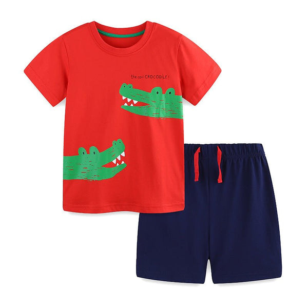 Toddler/Kid Boy's Cartoon Crocodile Print Design Red T-shirt with Shorts Set