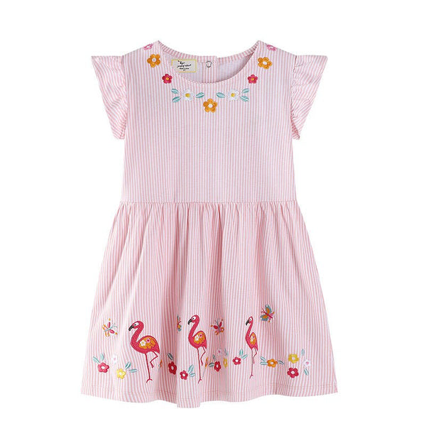 Toddler/Kid Girl Flowers and Flamingos Embroidery Design Dress