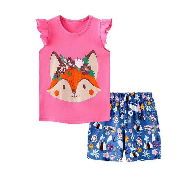 Toddler/Kid Girl's Cartoon Fox Print Design Tee with Shorts Set