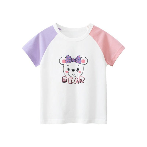 Toddler/Kid Girl's Short Sleeve Bear Print Design White Tee