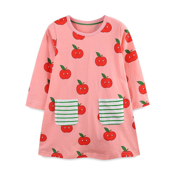 Toddler/Kid Girl's Long Sleeve Cartoon Apples Print Design Pink Dress