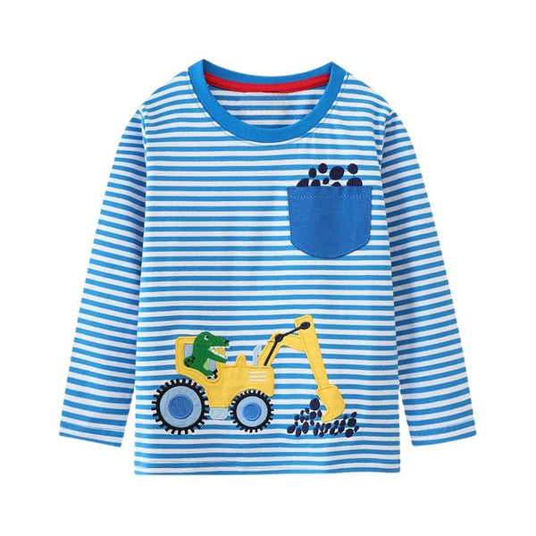 Toddler/Kid Boy Excavator Blue Stripes Long Sleeve Shirt