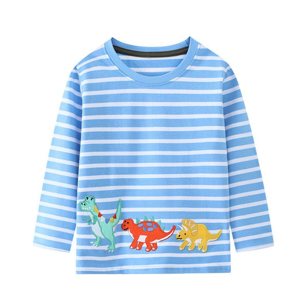 Toddler/Kid's Short Sleeve Colorful Dinosaurs Embroidery Design Striped T-shirt