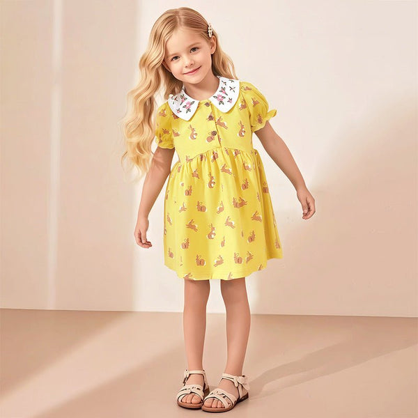 Toddler/Kid Girl Pink Flowers and Bunnies Print Yellow Dress