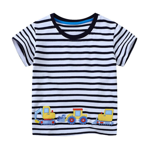 Toddler/Kid Boy's Short Sleeve Digger Embroidery Blue Stripes T-Shirt