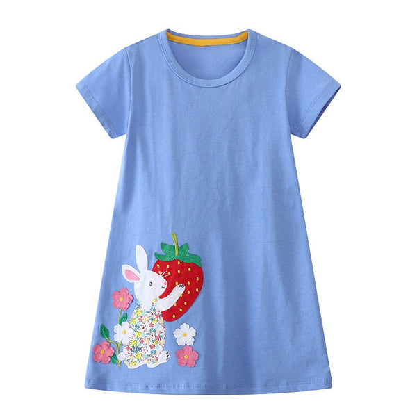 Toddler/Kid Girl's Rabbit with Strawberry Embroidery Design Dress