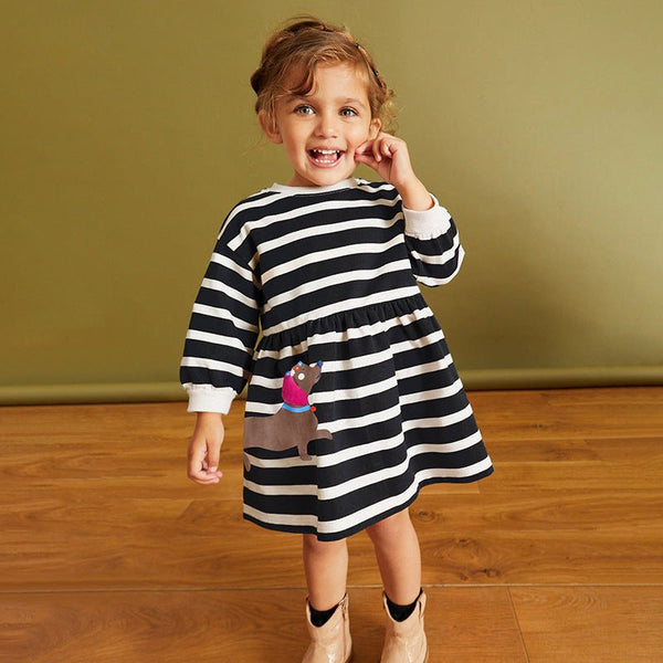 Toddler/Kid Girl's Long Sleeve Dog Print Black & White Stripes Design Dress