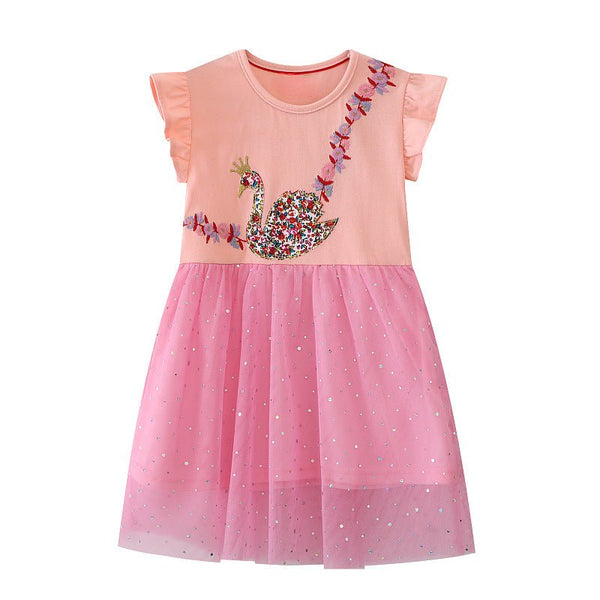 Toddler/Kid Girl's Flowers and Swan Embroidery Design Pink Dress