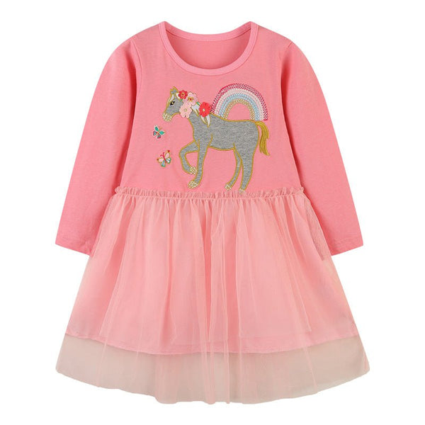 Toddler/Kid Girl's Horse/Butterflies/Rainbow Print Long Sleeve Dress