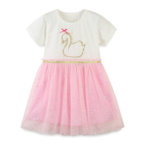 Toddler/Kid Girl's Swan Print Pink Lace Dress