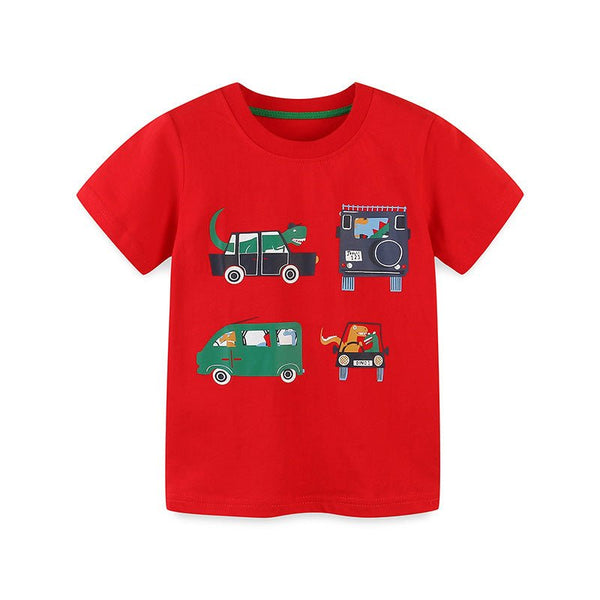 Toddler/Kid Boy's Red Cotton Tee with Vehicle Print Design