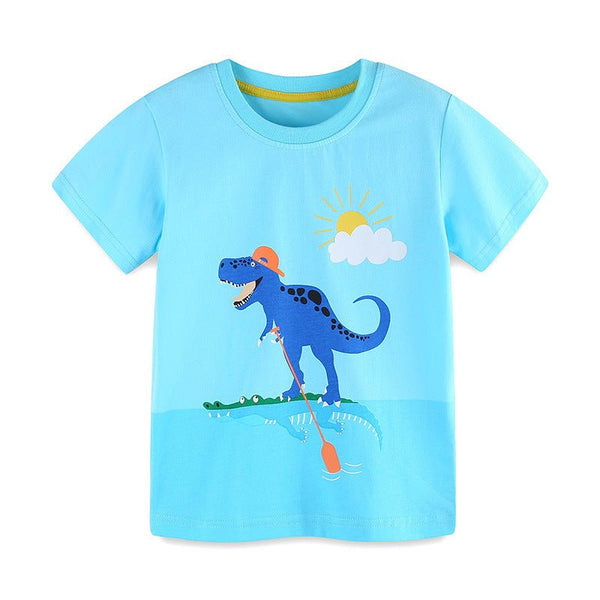 Toddler/Kid Boy's Short Sleeve Blue Dinosaur Cotton T-shirt