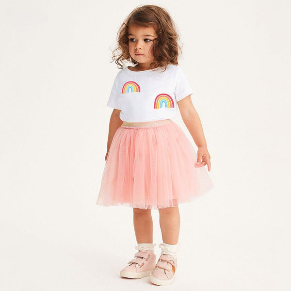 Toddler/Kid Girl's White Rainbow Design Top with Pink Lace Dress