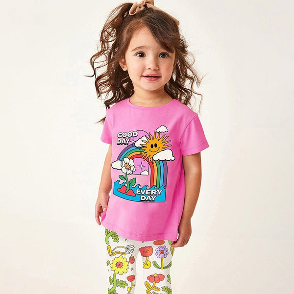 Toddler/Kid Girl's Pink Rainbow T-shirt with Floral Design Leggings Set